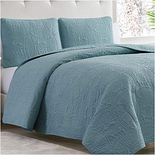 Imagem de Mellanni Bedspread Coverlet Set - Capa de cama King Size com Shams - Tecnologia de acolchoamento ultra-sônico - Conjunto de colcha King de 3 peças - Colchas e cobertas (King, Spa Blue)