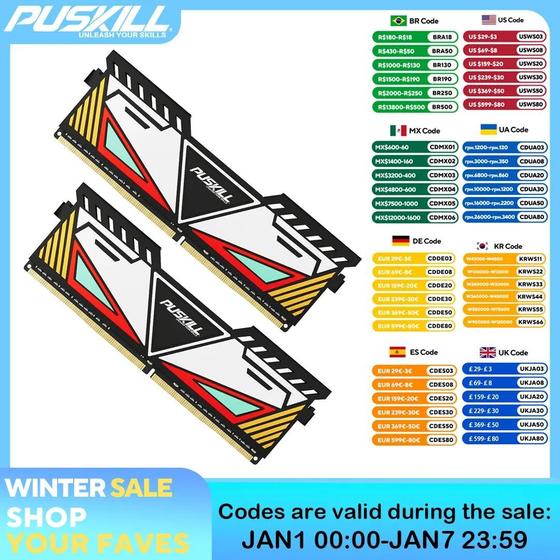 Imagem de Memória RAM DDR4/DDR3 (8GB, 16GB, 32GB) - 1600MHz a 3200MHz - Com Cooler PUSKILL