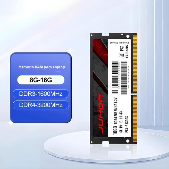 Imagem de Memória RAM DDR4/DDR3 para Laptop JUHOR - 8GB/16GB (2666MHz/3200MHz/1600MHz) - SODIMM