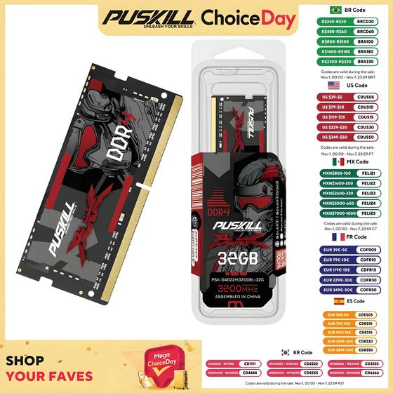 Imagem de Memória RAM DDR4/DDR3L SODIMM para Laptop - 4GB, 8GB, 16GB e 32GB (Puskill)