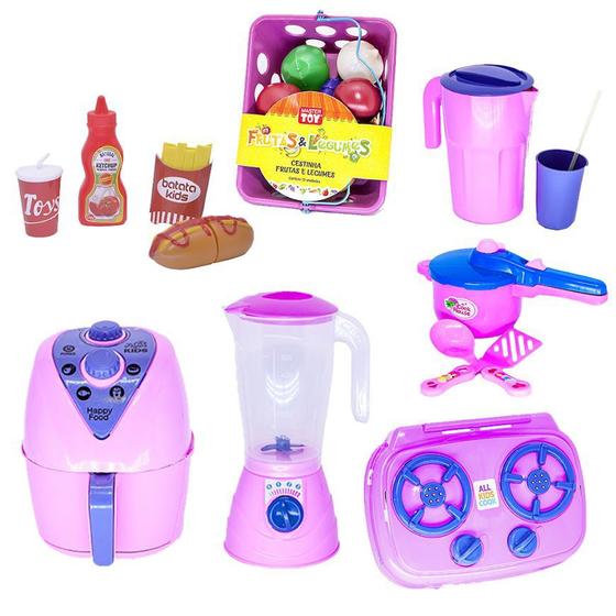 Imagem de Menina Brinquedo Cozinha Air Fryer Comidinhas Mercado 26pç