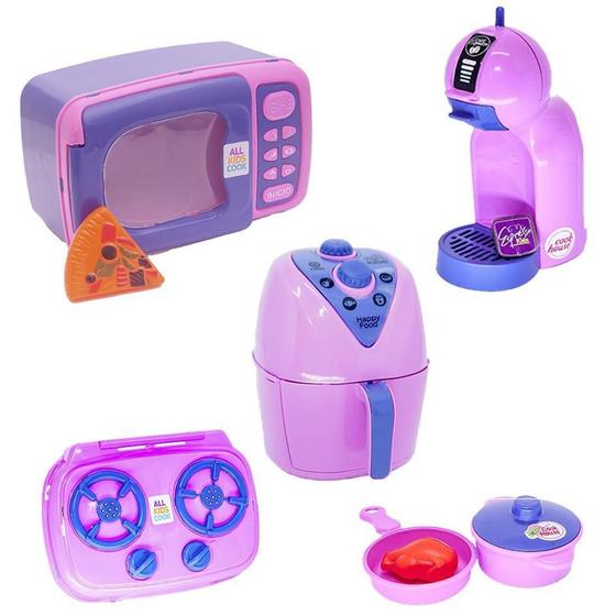 Imagem de Menina Cozinha Infantil Eletro Panela Microondas Rosa 9Pç