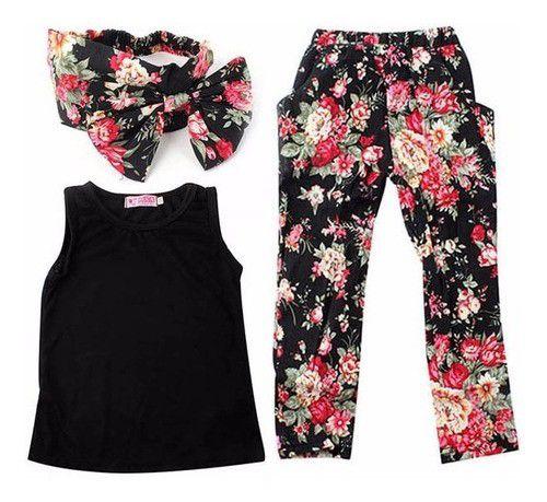 Imagem de Menina Floral Calça+blusa+faixa Com Laço