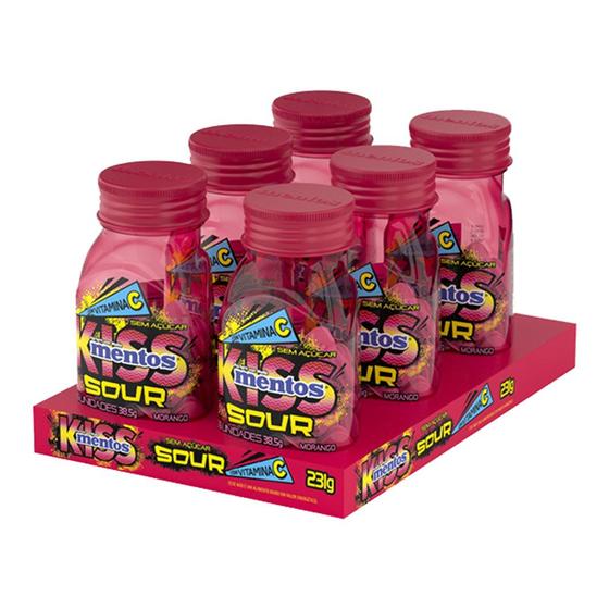Imagem de Mentos Kiss Sour Morango Vitamina C Zero Açúcar contendo 6 potes de 38,5g cada