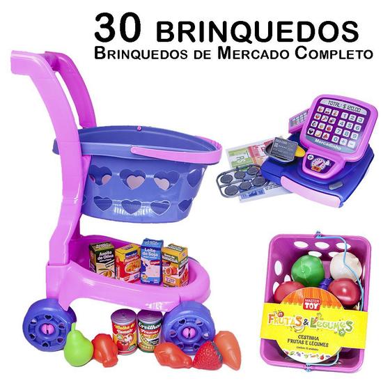 Imagem de Mercado Infantil Completo Carrinho Cesta Caixa Comida 30pç