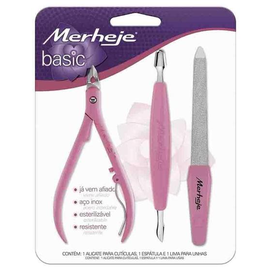 Imagem de Merheje alicate cuticula+espatula+lima basic rosa