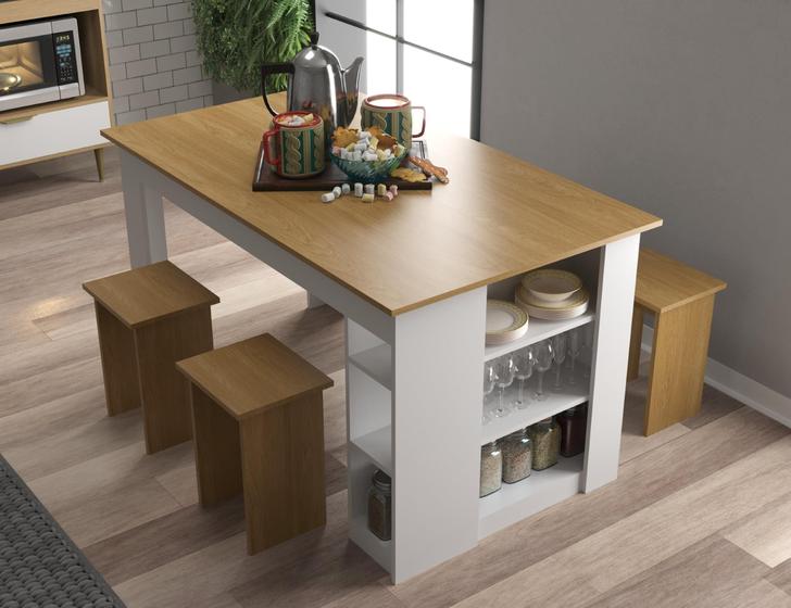 Imagem de Mesa 140 Cm com 4 Banquetas e Prateleira Esmeralda