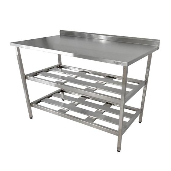 Imagem de Mesa Aço Inox Profissional 100x60x90 cm com 2 Prateleiras Fenestradas com Espelho Nortinox