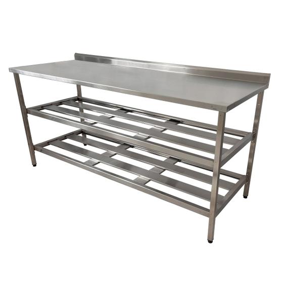 Imagem de Mesa Aço Inox Profissional 170x70x90 cm com 2 Prateleiras Fenestradas com Espelho Nortinox