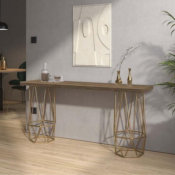 Imagem de Mesa Aparador Buffet Balcão Caleb 150 cm Industrial Ferro Dourado Tampo 100% MDF Castanho - Ahazzo Móveis