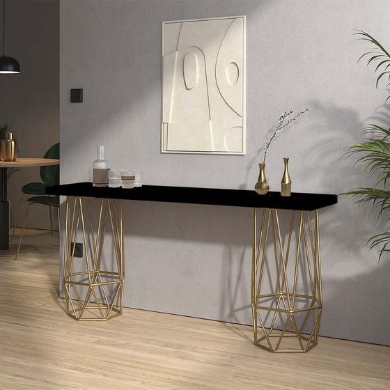 Imagem de Mesa Aparador Buffet Balcão Caleb 150 cm Industrial Ferro Dourado Tampo 100% MDF Preto - Ahz Móveis