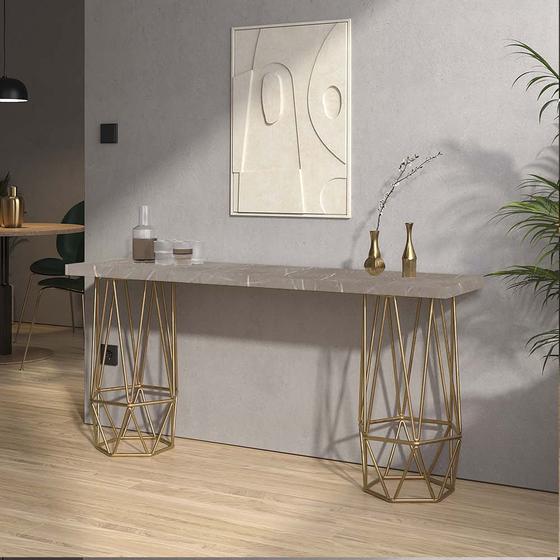 Imagem de Mesa Aparador Buffet Balcão Caleb 170 cm Industrial Ferro Dourado Tampo 100% MDF Marmorizado Cinza - Ahazzo Móveis