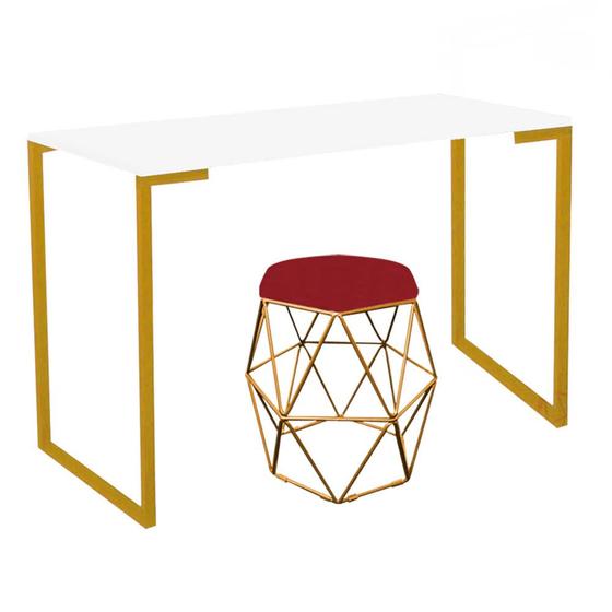 Imagem de Mesa Aparador Stan Industrial Buffet Balcão com Puff Luna material sintético Vermelho Dourado Tampo Branco - Ahazzo Móveis