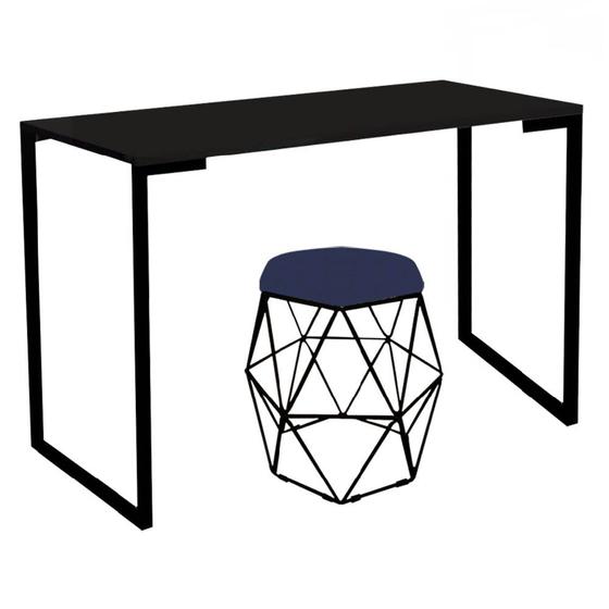 Imagem de Mesa Aparador Stan Industrial Buffet Balcão com Puff Luna Suede Azul Marinho Preto Tampo Preto - Ahazzo Móveis