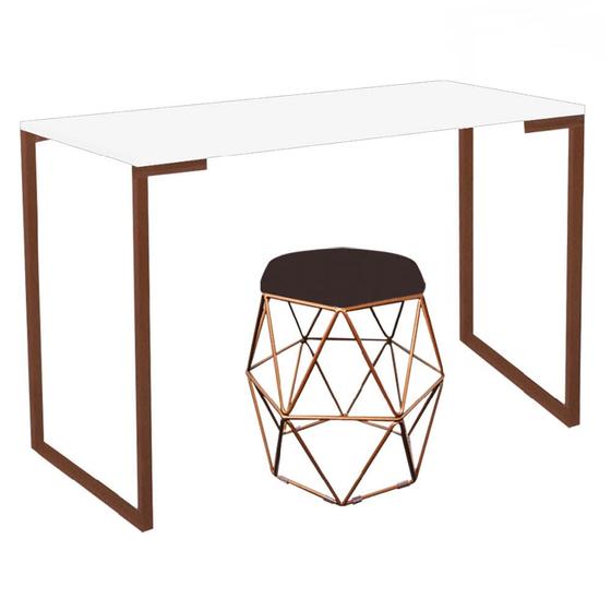 Imagem de Mesa Aparador Stan Industrial Buffet Balcão com Puff Luna Suede Marrom Bronze Tampo Branco - Ahazzo Móveis