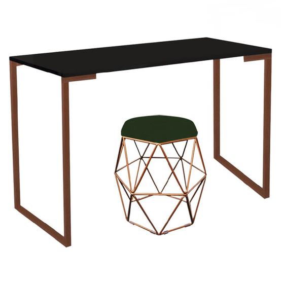 Imagem de Mesa Aparador Stan Industrial Buffet Balcão com Puff Luna Suede Verde Musgo Bronze Tampo Preto - Ahz Móveis