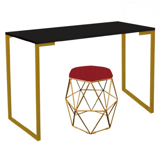 Imagem de Mesa Aparador Stan Industrial Buffet Balcão com Puff Luna Suede Vermelho Dourado Tampo Preto - Ahz Móveis