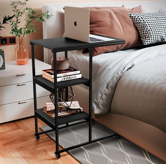 Imagem de Mesa Auxiliar Para Cama Sofá Com Rodízio E Prateleiras Aço/MDF Estilo Industrial