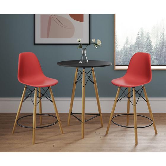 Imagem de Mesa Bistrô Eames Eiffel Preta com 2 Banquetas Vermelhas de Madeira