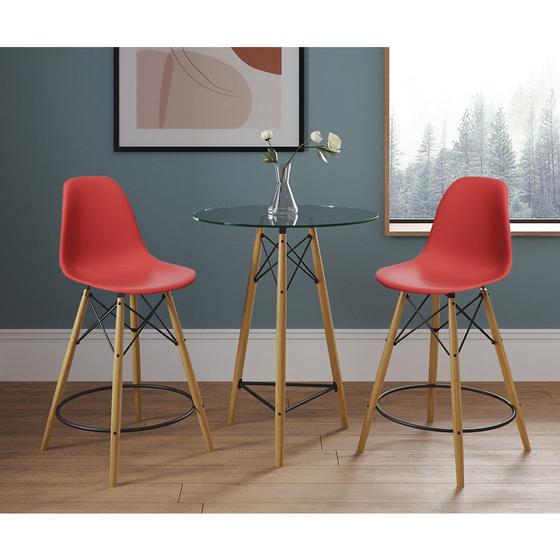 Imagem de Mesa Bistrô Eames Eiffel Vidro com 2 Banquetas Vermelhas de Madeira