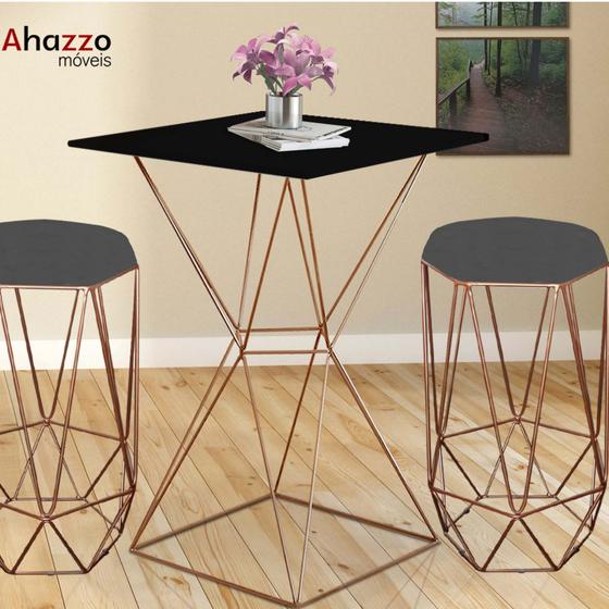 Imagem de Mesa Bistrô Lucca Industrial e 02 Banquetas Alta Liz Base Ferro Bronze Tampo Preto material sintético Cinza - Ahazzo Móveis