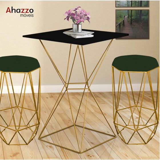 Imagem de Mesa Bistrô Lucca Industrial e 02 Banquetas Alta Liz Base Ferro Dourado Tampo Preto Suede Verde - Ahazzo Móveis