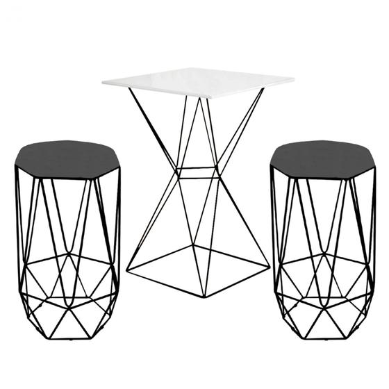 Imagem de Mesa Bistrô Lucca Industrial e 02 Banquetas Alta Liz Base Ferro Preto Tampo Branco Suede Cinza - Ahazzo Móveis