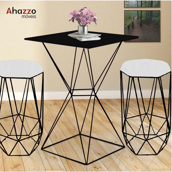 Imagem de Mesa Bistrô Lucca Industrial e 02 Banquetas Alta Liz Base Ferro Preto Tampo Preto material sintético Branco - Ahazzo Móveis