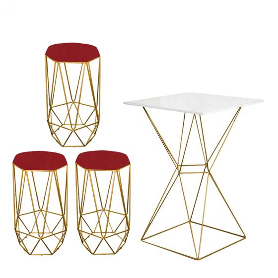 Imagem de Mesa Bistrô Lucca Industrial e 03 Banquetas Alta Liz Base Ferro Dourado Tampo Branco Suede Vermelho - Ahazzo Móveis