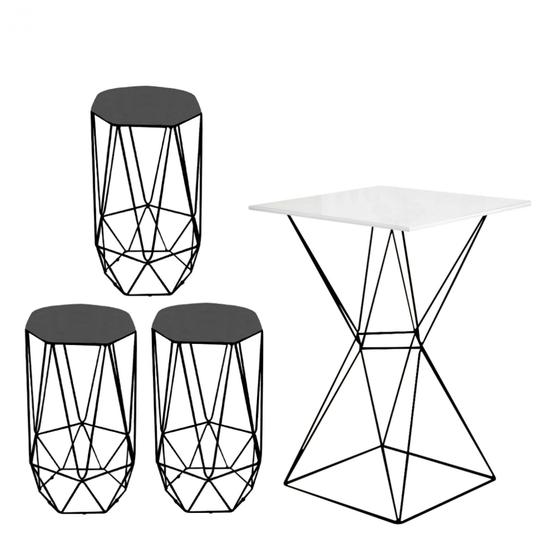 Imagem de Mesa Bistrô Lucca Industrial e 03 Banquetas Alta Liz Base Ferro Preto Tampo Branco Suede Cinza - Ahazzo Móveis