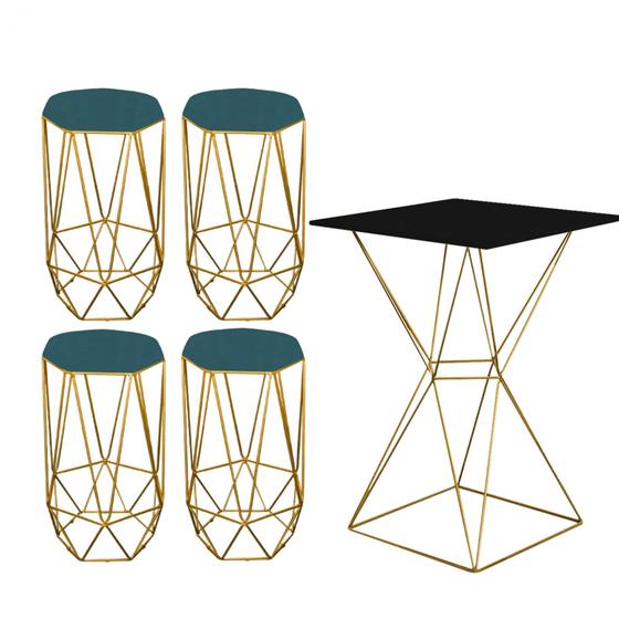 Imagem de Mesa Bistrô Lucca Industrial e 04 Banquetas Alta Liz Base Ferro Dourado Tampo Preto Suede Azul Turquesa - Ahazzo Móveis