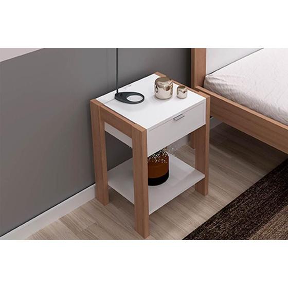 Imagem de Mesa Cabeceira Casal AZ1016 c/ 1 Gaveta Amêndoa/Branco - Tecno Mobili