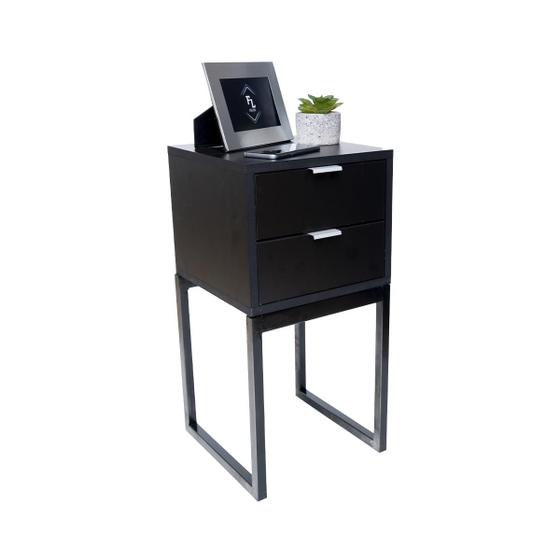 Imagem de Mesa Cabeceira Estilo Industrial 30cm Preto Eco 2 Gavetas Pés Preto Lateral Cama