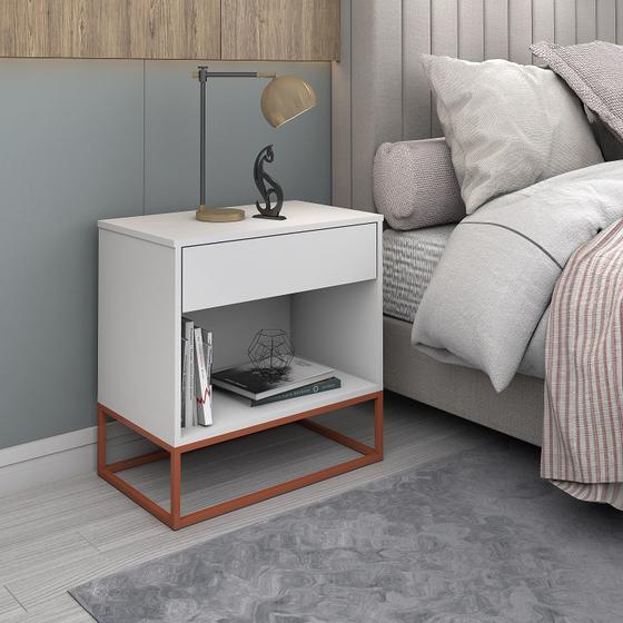 Imagem de Mesa Cabeceira Malta Branco para Cama Casal com Pés de Ferro Estilo Industrial Cobre