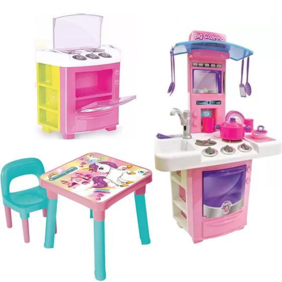 Imagem de Mesa Cadeira Infantil Unicórnio + Fogãozinho e Big Cozinha