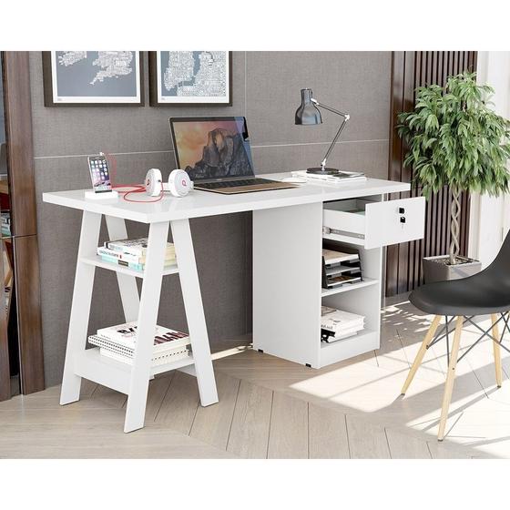 Imagem de Mesa cavalete escrivaninha bali com 2 prateleira 1 gaveta branca carmolar