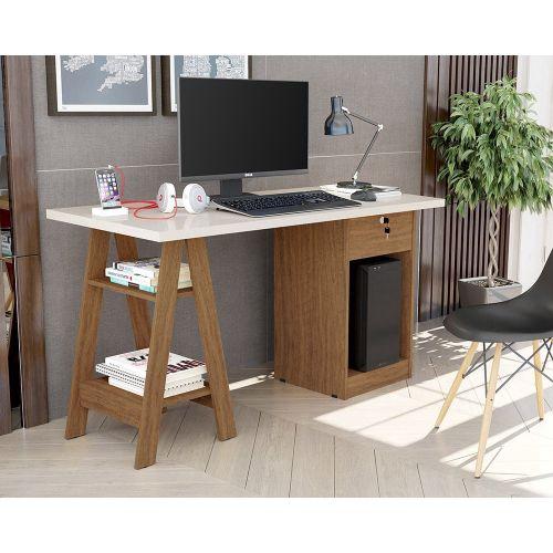 Imagem de Mesa cavalete escrivaninha bali com 2 prateleira 1 gaveta off-white/canela cm2 carmolar