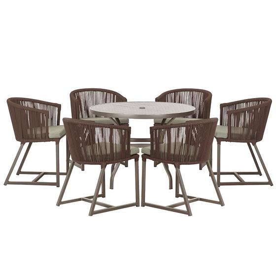 Imagem de Mesa com 6 Cadeiras de Jantar Roma 120cm e Noronha em Alumínio Marrom Corda Náutica Estofado 8 Trama Original