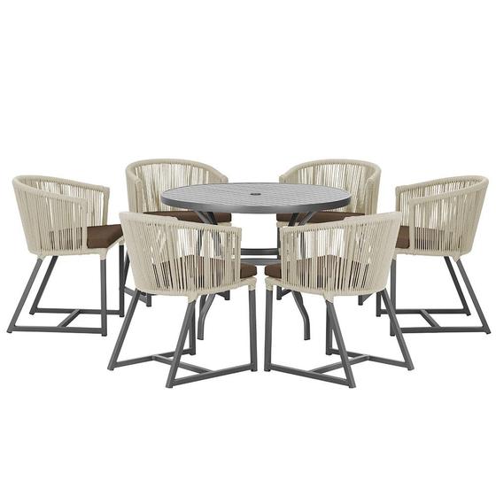 Imagem de Mesa com 6 Cadeiras de Jantar Roma 120cm e Noronha em Alumínio Preto Corda Náutica Estofado 9 Trama Original