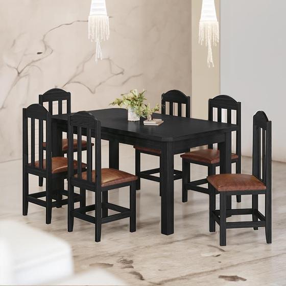 Imagem de Mesa Com 6 Cadeiras Em Madeira Maciça Estofado Em material sintético Marrom 160cm Preto Amelia Shop Jm