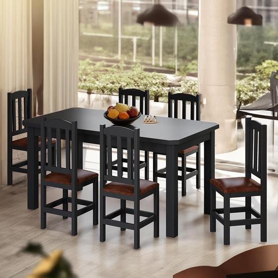 Imagem de Mesa Com 6 Cadeiras Em Madeira Maciça Estofado Em material sintético Marrom 160cm Preto Sapphira Shop Jm