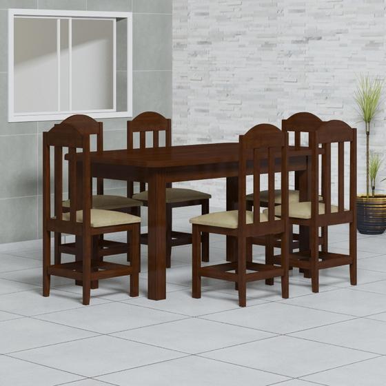 Imagem de Mesa com 6 Cadeiras Estofado Corano 160x88 Madeira Maciça Safira Castanho - Nemargi