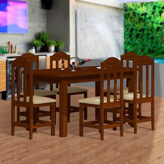 Imagem de Mesa Com 6 Cadeiras Madeira Maciça Castanho Assento Estofado Corano Bege Nemargi