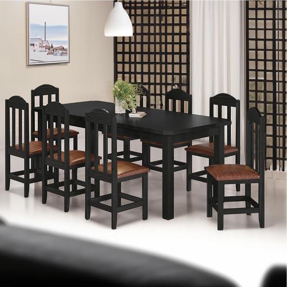 Imagem de Mesa Com 8 Cadeiras Em Madeira Maciça Estofado Em material sintético Marrom 200cm Preto Amelia Shop Jm