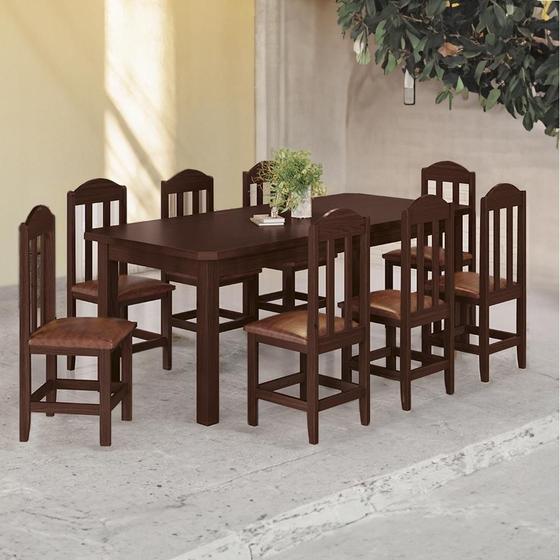 Imagem de Mesa Com 8 Cadeiras Madeira Maciça Estofadas material sintético Marrom 200cm Castanho Olivia Shop Jm