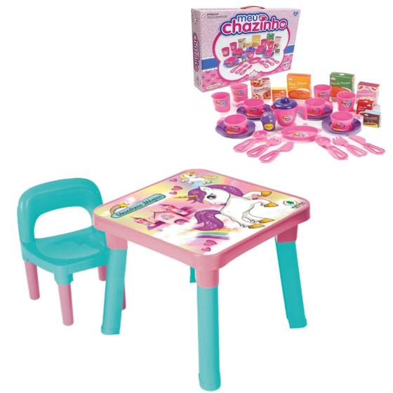 Imagem de Mesa Com Cadeira Infantil Unicórnio Educativa + Meu Chazinho