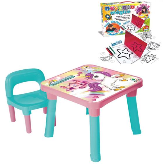 Imagem de Mesa Com Cadeira Infantil Unicórnio + Kit Desenho Magico