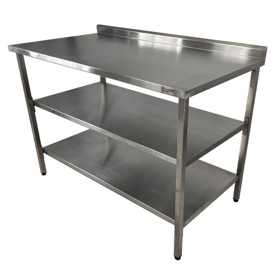 Imagem de Mesa de Aço Inox Industrial 120x60x90 cm com 2 Prateleiras Plano Liso com Espelho Nortinox
