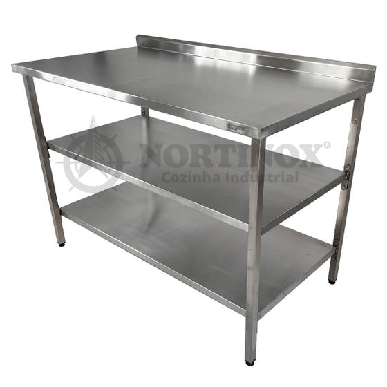 Imagem de Mesa de Aço Inox Industrial 120x70x90 cm com 2 Prateleiras Plano Liso com Espelho Nortinox