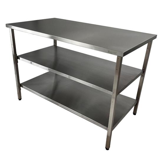 Imagem de Mesa de Aço Inox Industrial 140x70x90 cm com 2 Prateleiras Plano Liso Nortinox